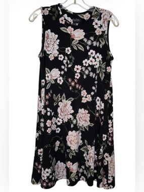 Nicole Miller Black Floral Swing Dress with Pink and Green Accents Small